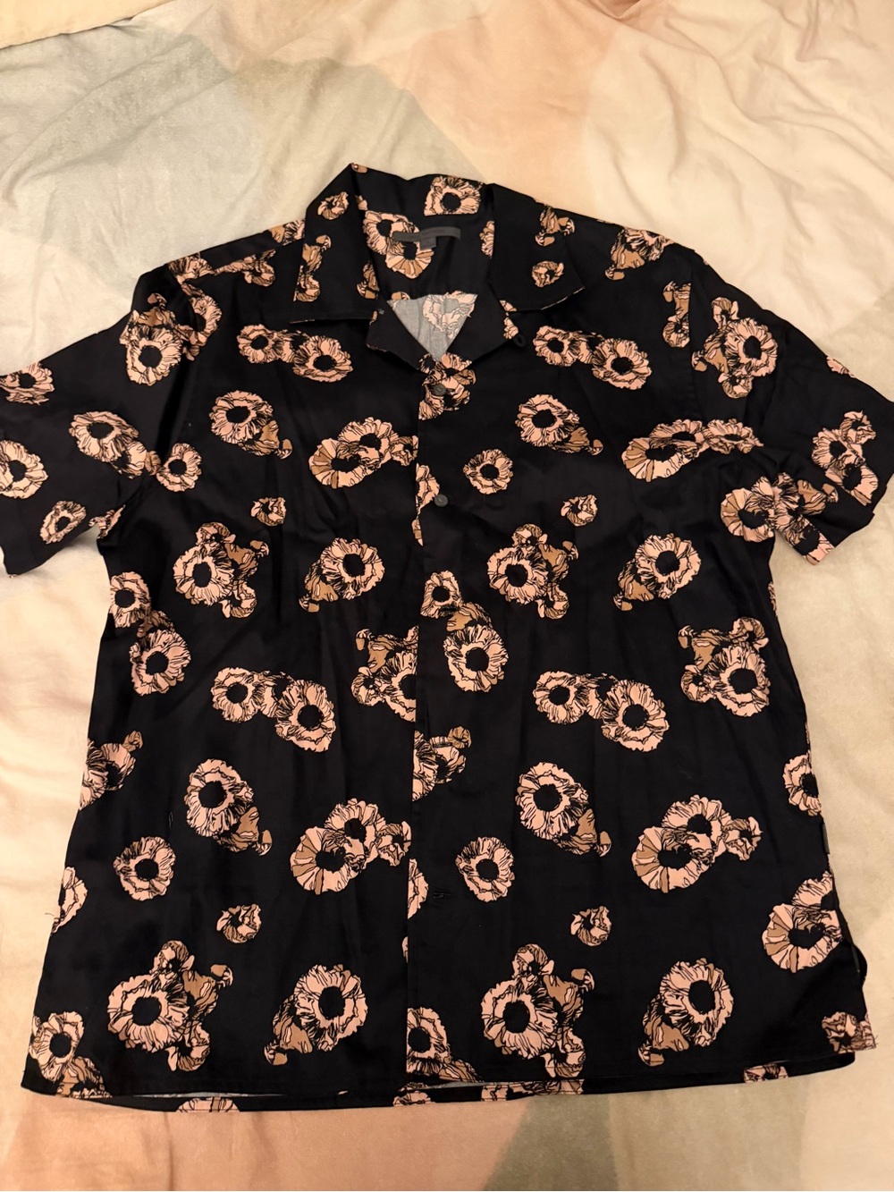 John Varvatos | Black Short-Sleeve Button-Down with Pink Floral Print